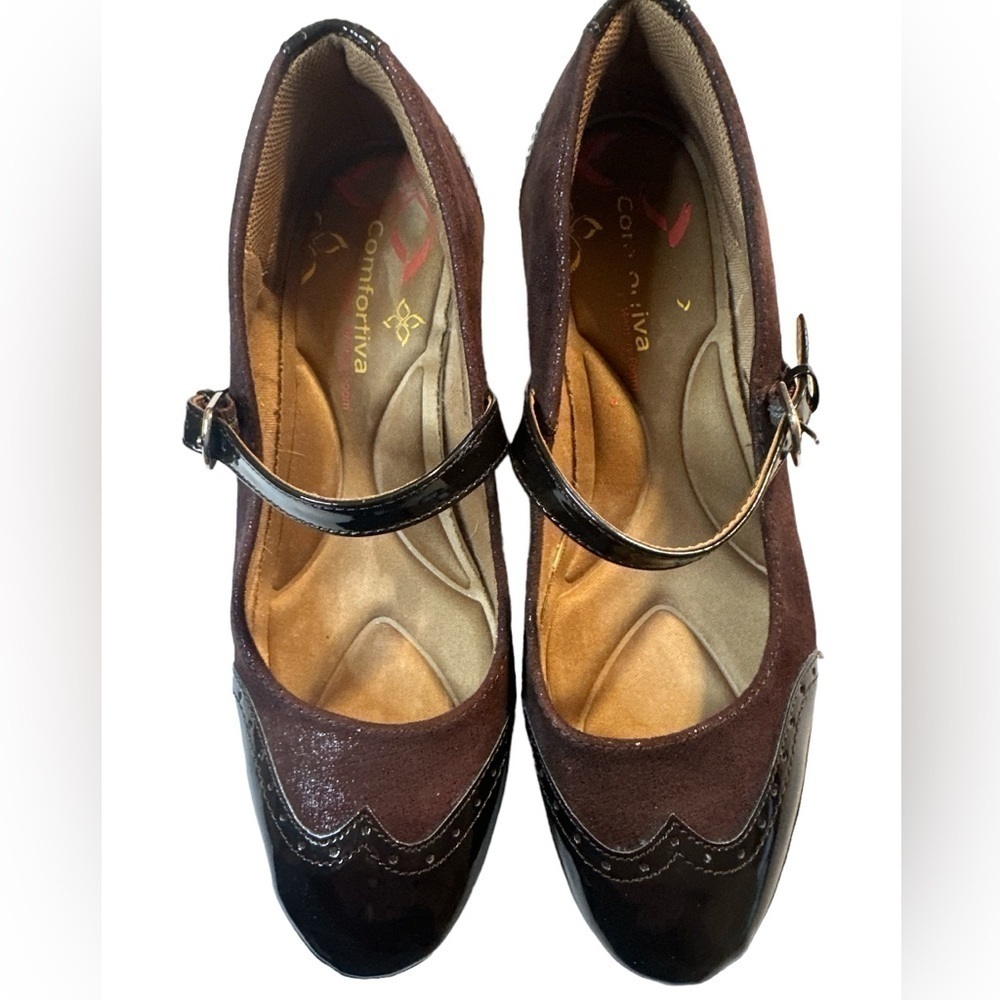 Comfortiva Brown Patent Leather Suede Accents Mary Jane Buckle Wedge Heel Shoe